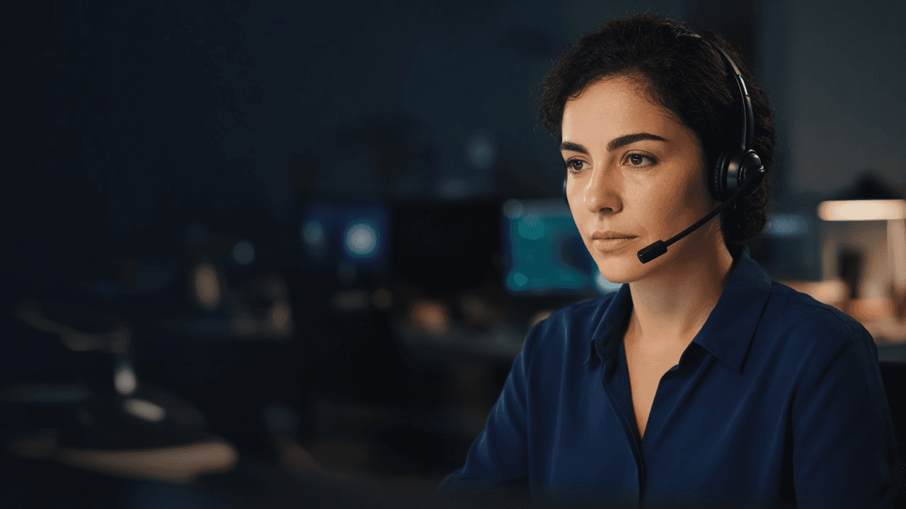 Visuel d’ambiance généré : conseillère au casque-micro, éclairage professionnel — non contractuel, ne représente pas le plateau HYPER CALL