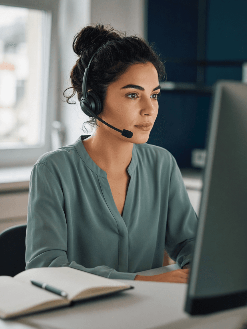 Visuel d’ambiance généré : conseillère au casque-micro devant un écran — non contractuel, ne représente pas le plateau HYPER CALL